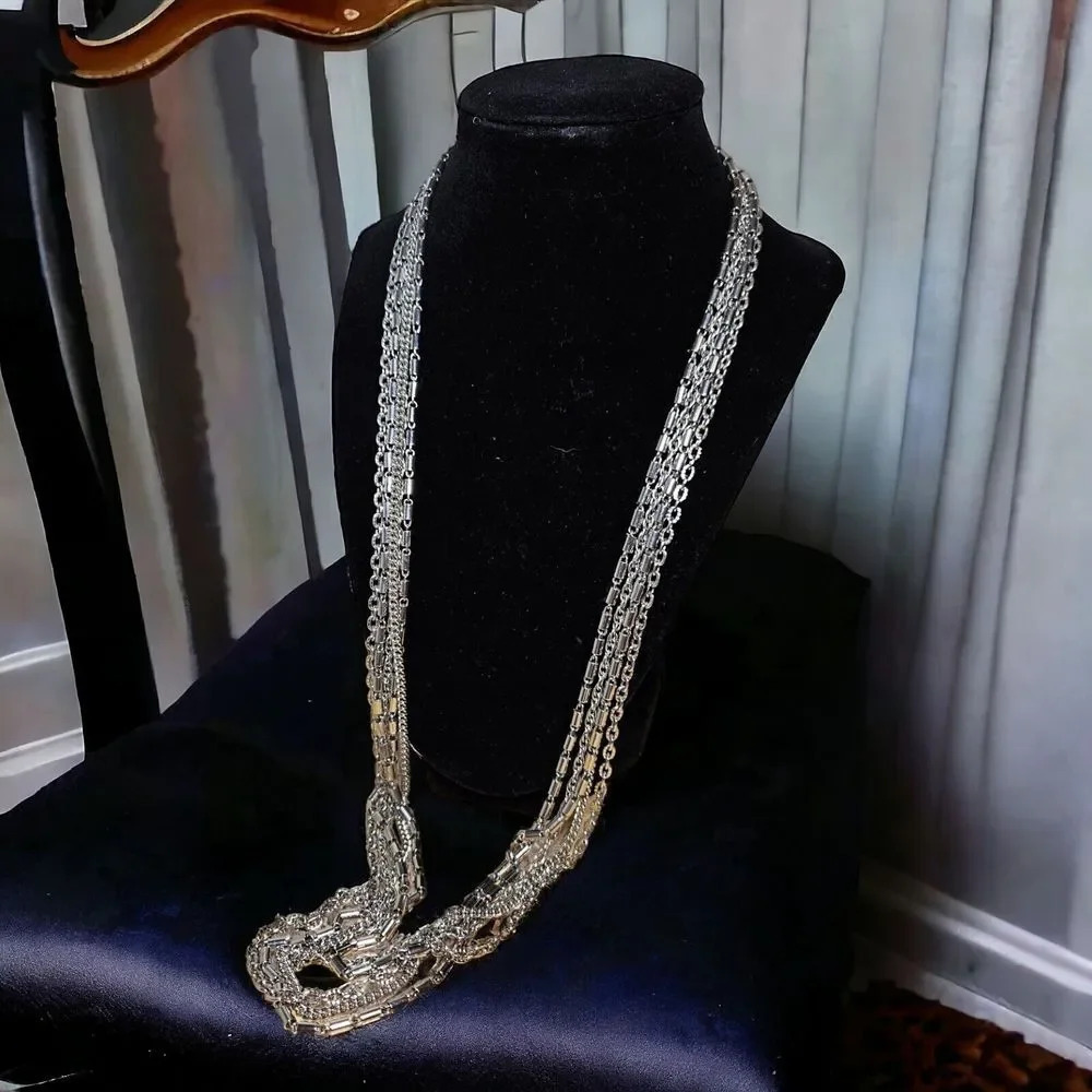 Trifari Multi Strand Necklace Draped Chain Folding Clasp Silver Tone 24”